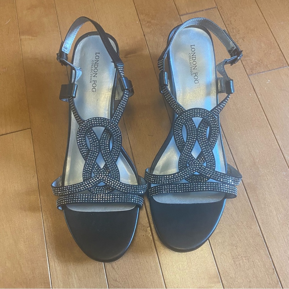 London Fog Size 9.5 Black Dress Sandals Demi Wedge with Strappy Design
